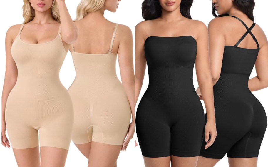 women wearing tan and black bodysuits