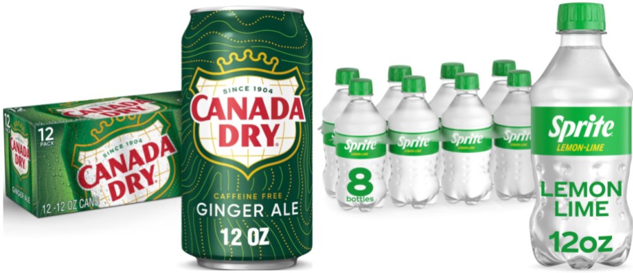Two types of carbonated beverages featuring a 12-pack box and single can of Canada Dry ginger ale alongside an 8-pack and single bottle of Sprite lemon-lime soda.