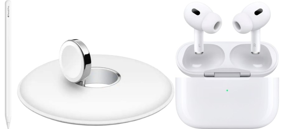apple pencil, charging doc and airpods