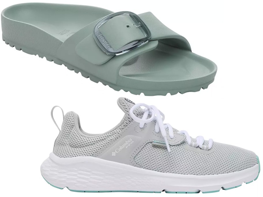 green sandals and gray shoe 