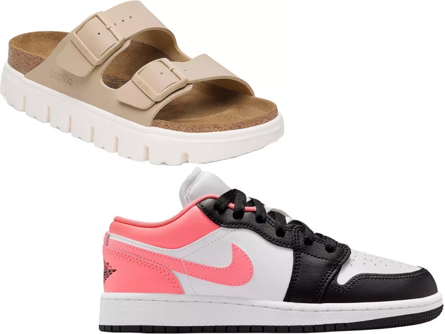 tan sandal and pink and blue sneakers 