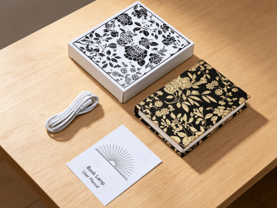 black and white book lamp on table