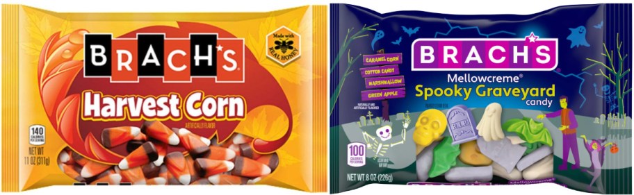 Two bags of Brach's Halloween candy shown side by side, featuring a yellow bag of Harvest Corn on the left and a blue bag of Mellowcreme Spooky Graveyard candy on the right.