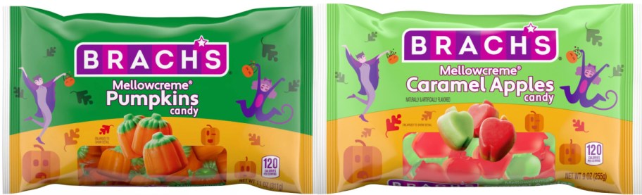 Two bags of Brach's Halloween candy shown side by side, featuring a green and yellow bag of Mellowcreme Pumpkins on the left and a green and yellow bag of Mellowcreme Caramel Apples candy on the right.
