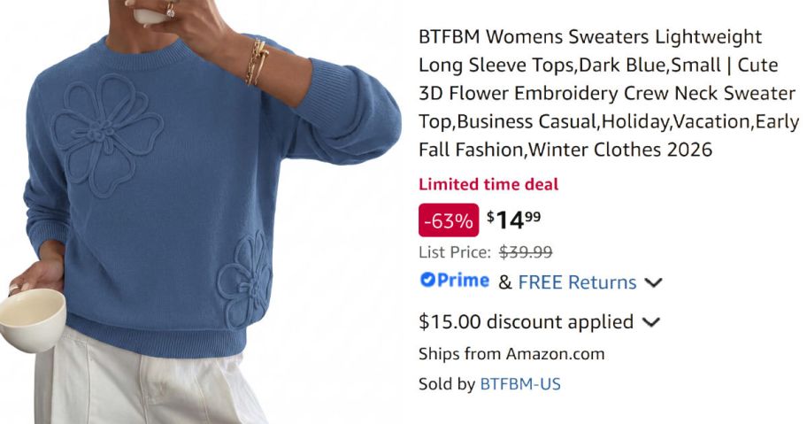 woman wearing a blue sweater next to Amazon pricing information