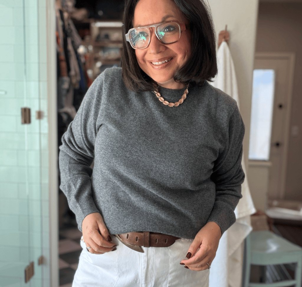 woman wearing cashmere Walmart sweater 