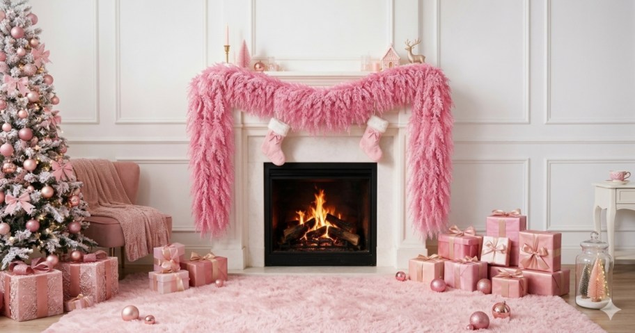 pink garland and christmas tree over a white fireplace