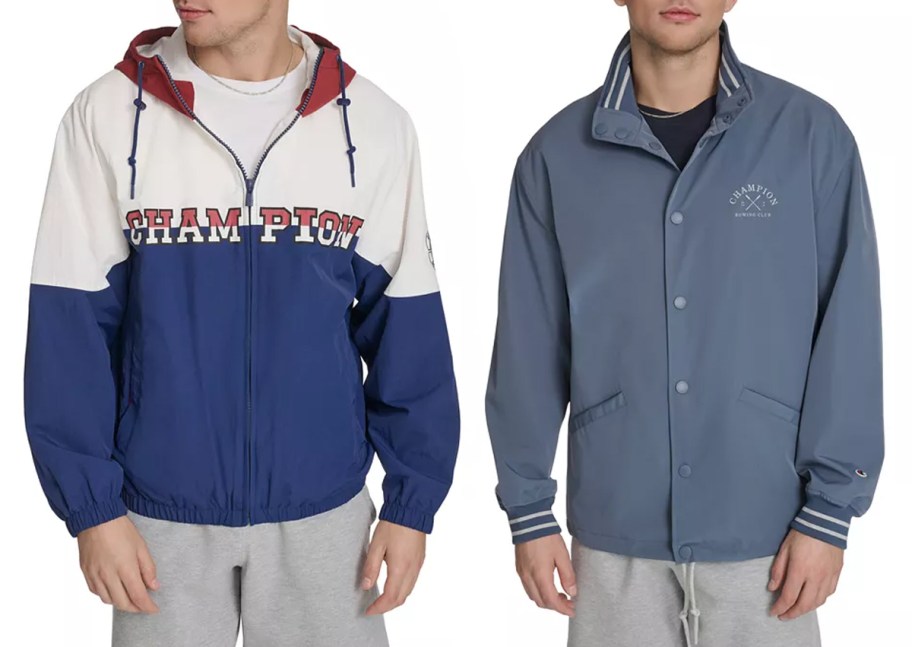 men wearing blue champion jackets 