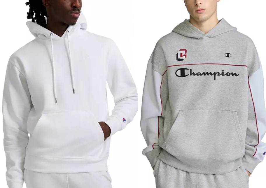 men wearing white and gray champion hoodies 