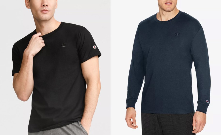 men wearing black and navy blue tees 