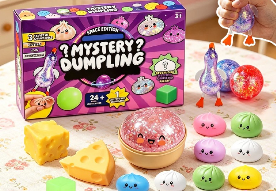 A Mystery Dumpling Space Edition box accompanied by various glittery, colorful dumpling figurines and cheese-shaped toys on a patterned table.