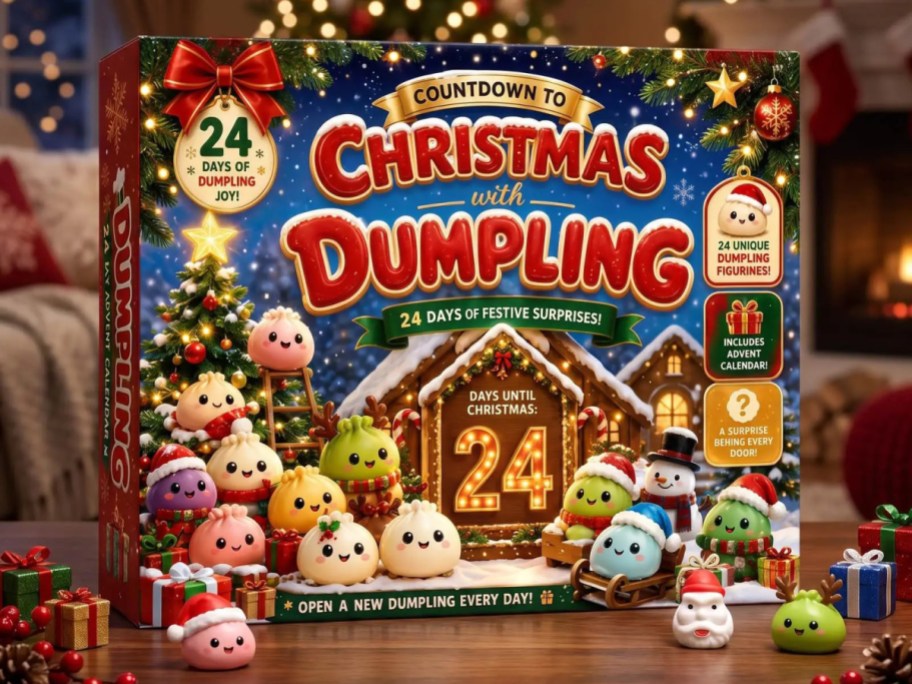 A Christmas with Dumpling advent calendar featuring colorful, cute dumpling figurines in a festive holiday display.