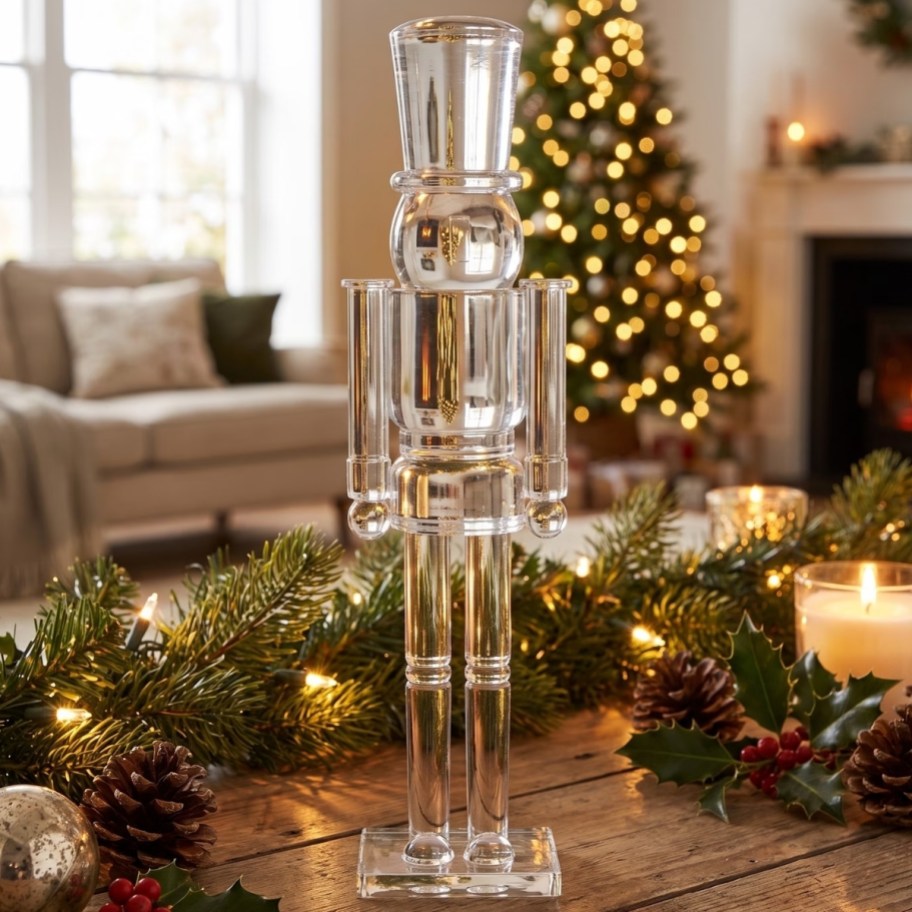 an acrylic nutcracker on a tabletop