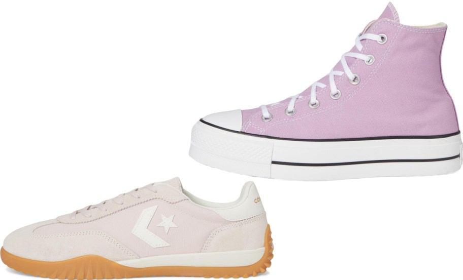 Two pairs of Converse sneakers shown side by side, featuring a light purple high-top platform sneaker with white laces and a thick white sole above a light pink low-top sneaker with a star chevron logo and a textured gum rubber sole below.