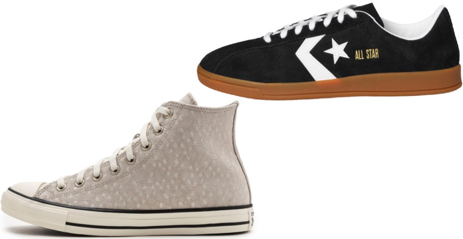 Two pairs of Converse sneakers shown side by side, featuring a black low-top sneaker with a white star chevron logo, white laces, the words "ALL STAR" in gold, and a gum rubber sole above a grey high-top sneaker with a textured pattern and white laces below.