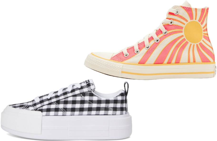 Two pairs of Converse sneakers shown side by side, featuring a high-top canvas shoe with a yellow sun and pink sunburst design on the upper and a low-top platform sneaker with a black and white checkered pattern below.