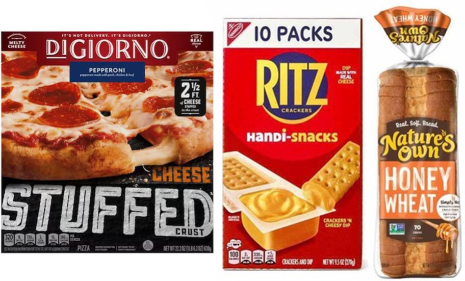 pizza, ritz crackers, and bread bag