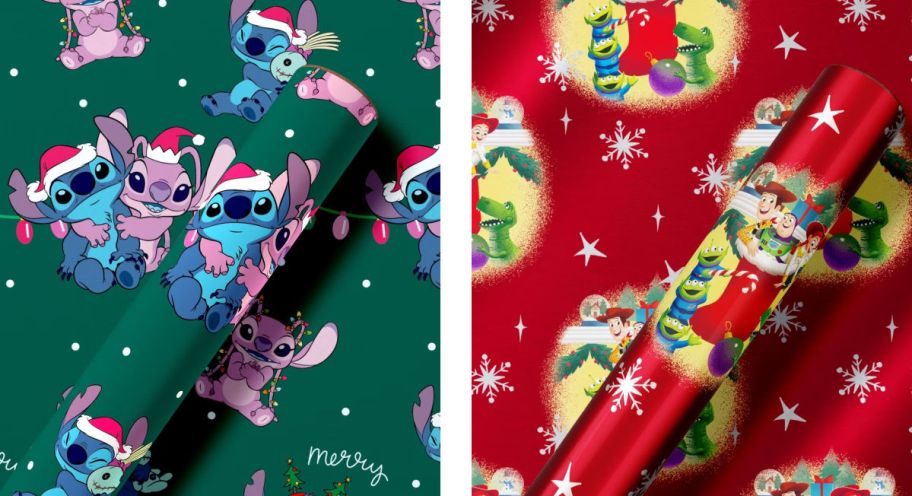 green Stitch wrapping paper next to red Toy Story wrapping paper