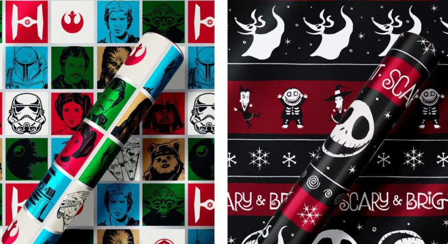 Star Wars gift wrap next to Nightmare Before Christmas gift wrap