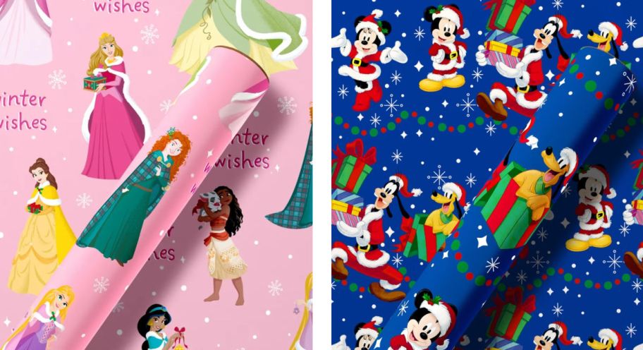 pink princess gift wrap next to blue Mickey Mouse gift wrap