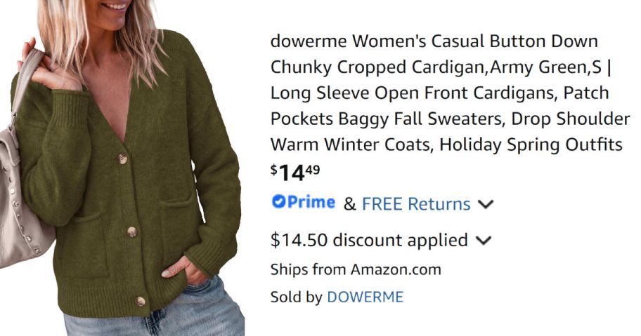 woman wearing green cardigan next to Amazon pricing information