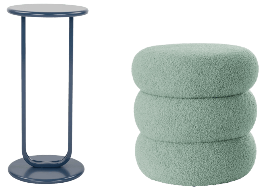 blue side table and green ottoman