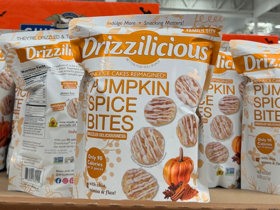 bags of Drizzlicious pumpkin spice bites on shelf at Sam's Club