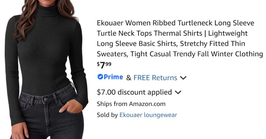 woman wearing black turtleneck next to Amazon pricing information