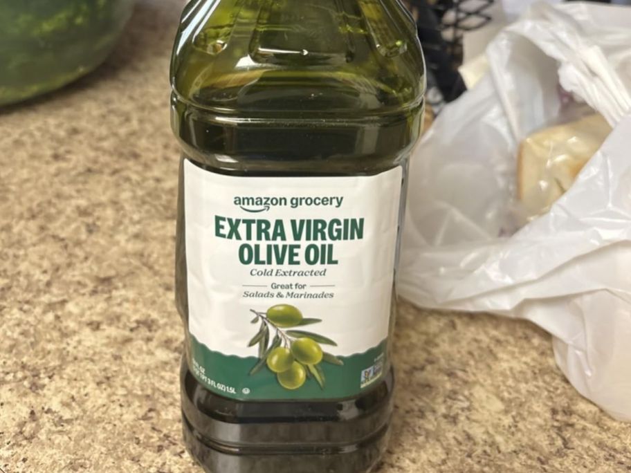 Amazon extra virgin olive oil on top of the table