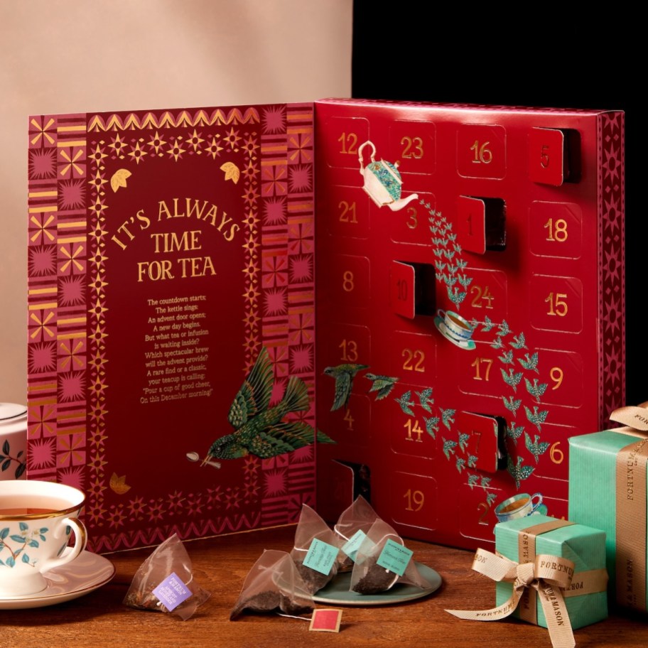 fortnum and mason tea advent calendar with tea bags on table