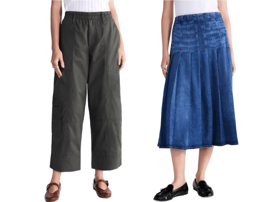 woman in pants and woman in denim skirt
