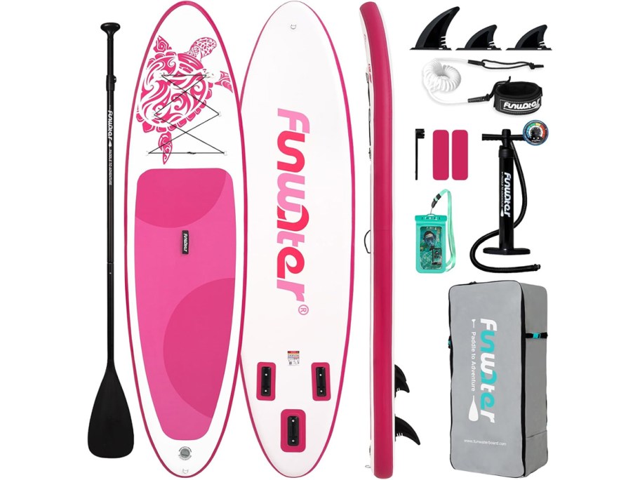 pink and white paddleboard with accessories 
