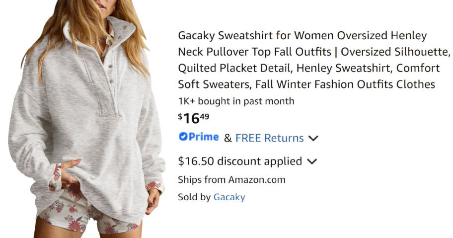 woman wearing gray sweatshirt next to Amazon pricing information