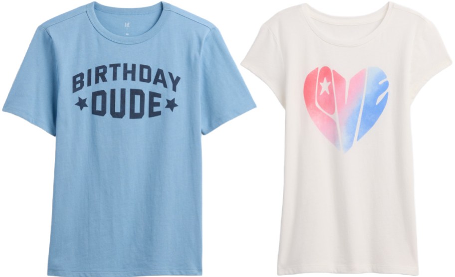 Two children's t-shirts, a light blue one with "BIRTHDAY DUDE" text and an off-white one featuring a pink and blue watercolor heart graphic.