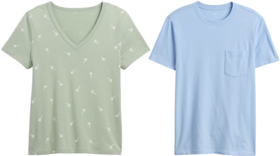 Two t-shirts, a light green V-neck with a white palm tree print and a light blue crew neck with a chest pocket.