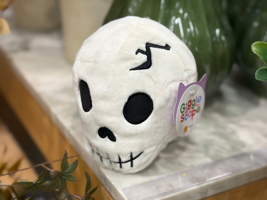 plush skull on countertop