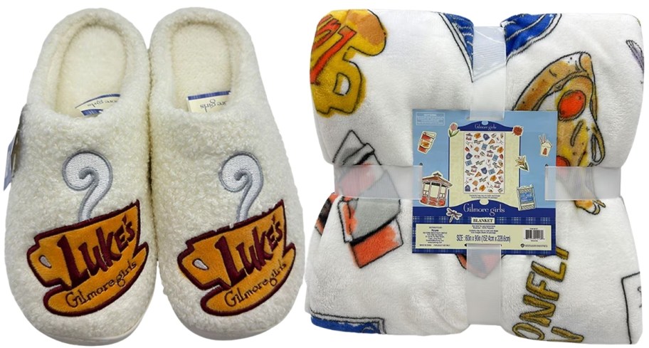 a pair of slipper and a throw blanket