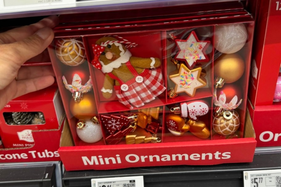 mini ornament sets on a store shelf