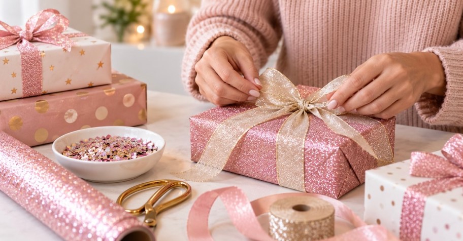woman wrapping pink glitter gifts on table with other sparkly presents