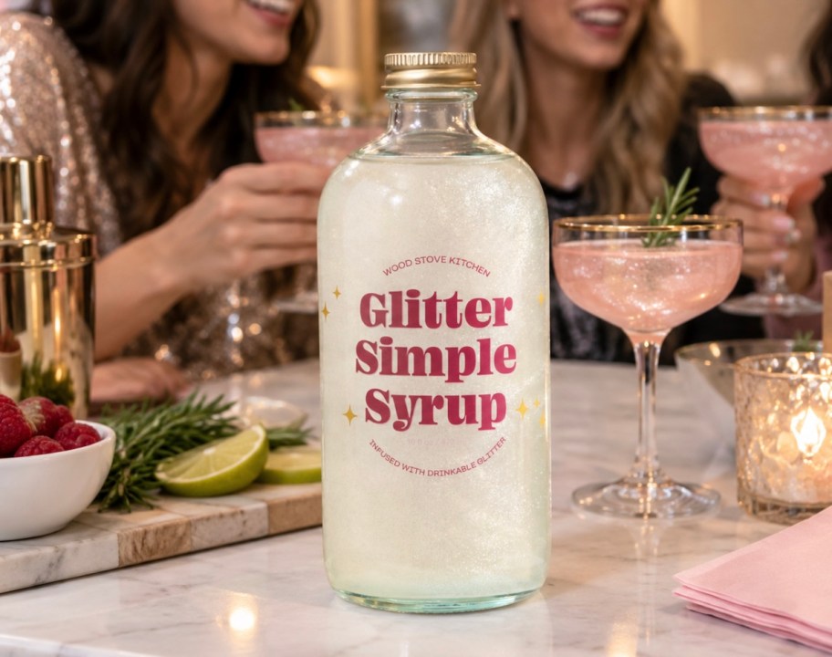 glitter simple syrup bottle on countertop with mocktails and drink garnishes