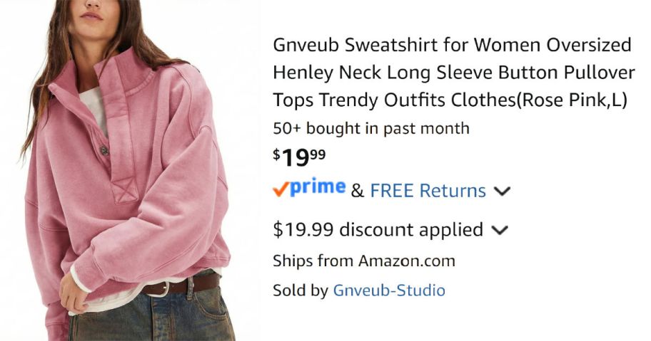woman wearing pink sweatshirt next to Amazon pricing information
