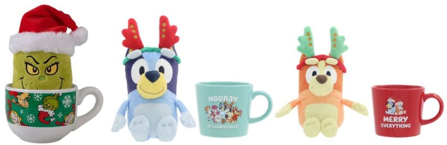 grinch, bluey, and bingo Christmas Plush in Holiday Mug