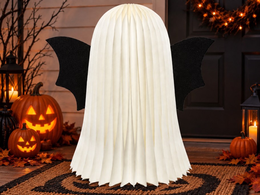 white honeycomb bat paper decor on front porch 