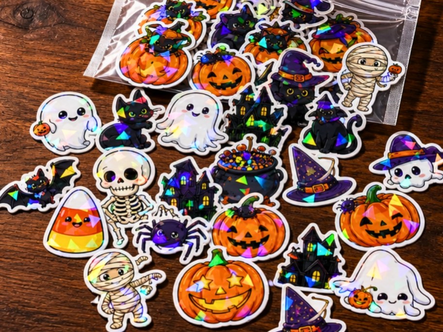 various Halloween stickers in a pile