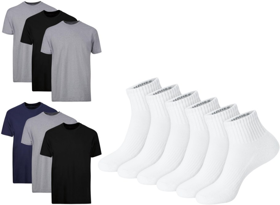 A bundle of Hanes men's clothing featuring a pack of six crewneck t-shirts in grey, black, and navy alongside a pack of white ankle socks.