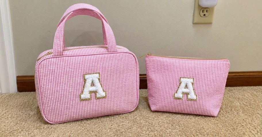 pink and white initial travel makeup bags