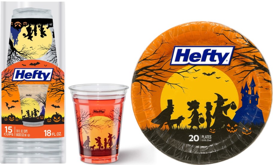 A package of 15 Hefty Halloween cups, a single cup filled with a red drink, and a pack of 20 Hefty Halloween paper plates featuring a spooky trick-or-treat design.
