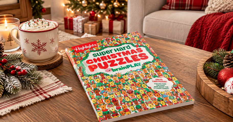 christmas puzzle book on a coffee table in a living room