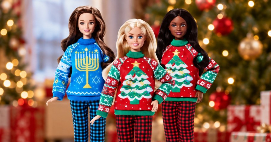 3 Barbie dolls in holiday sweaters and plaid pants