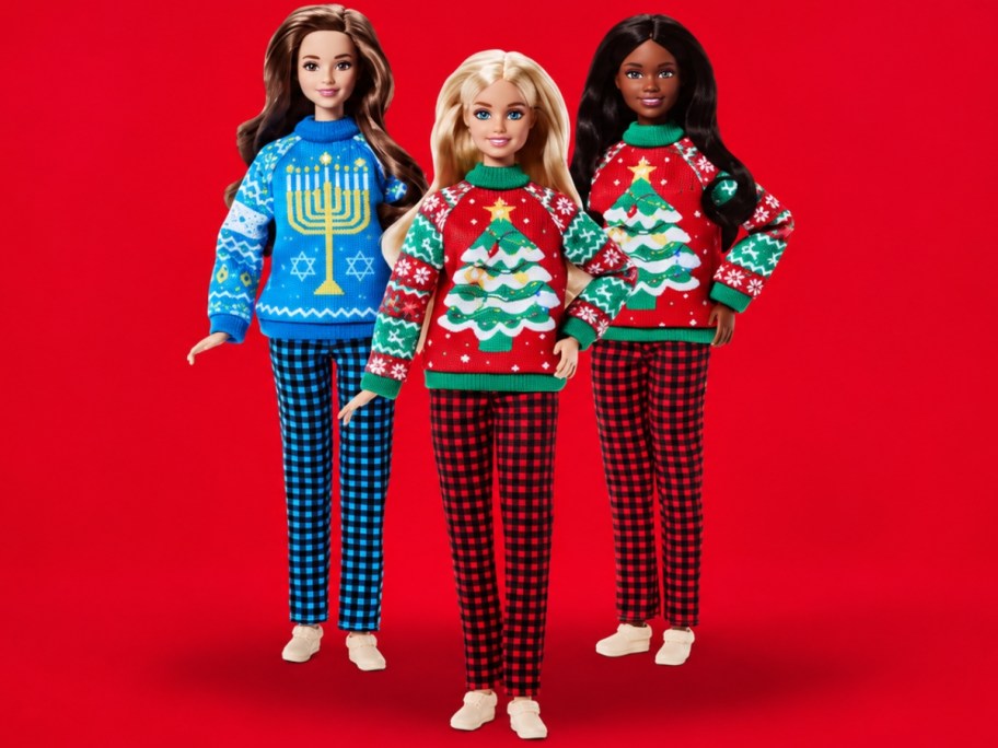 3 Barbie dolls in holiday sweaters and plaid pants